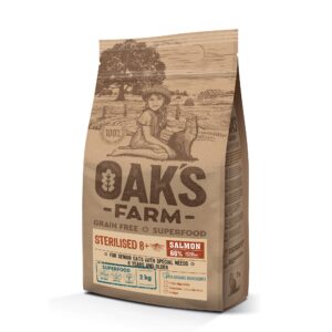 OAK'S FARM מזון יבש לחתולים מבוגרים 8+ סטרילייז סלמון ללא דגנים