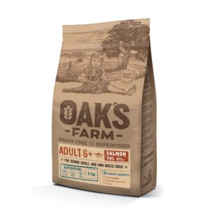 OAK'S FARM מזון לכלב מבוגר 6+ סלמון ללא דגנים – גזע קטן 2/6.5 ק"ג